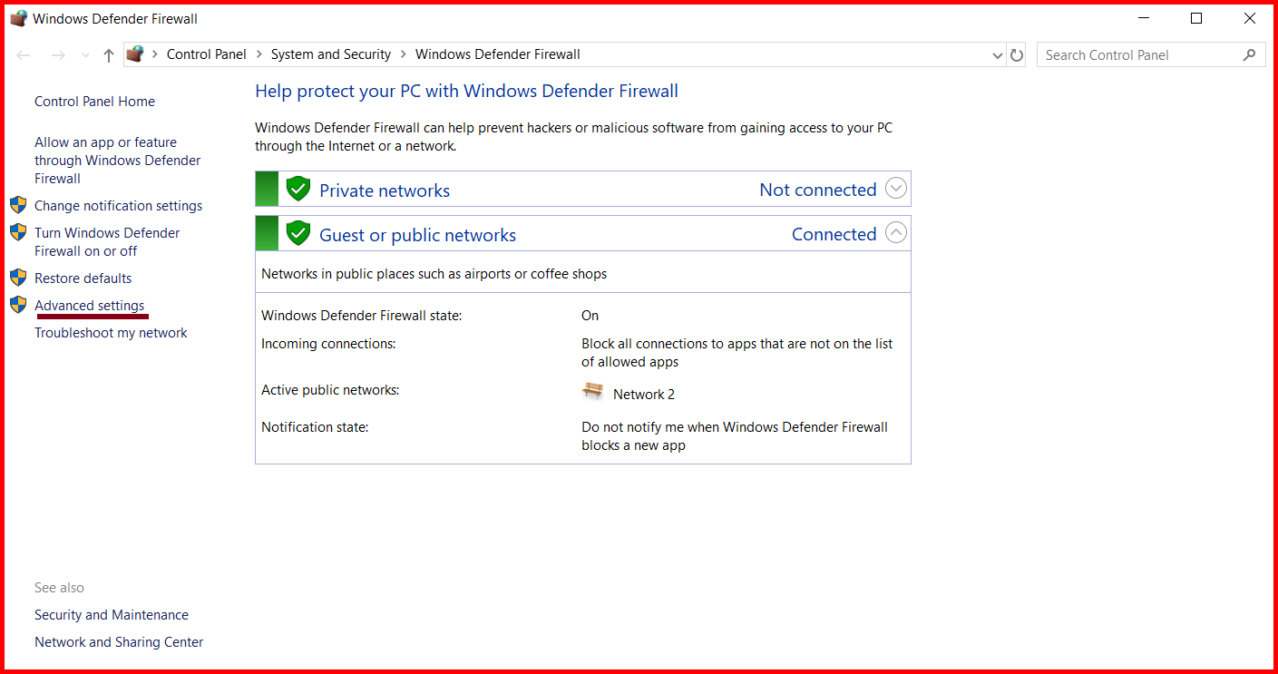 Picture showing the Windows Defender Firewall